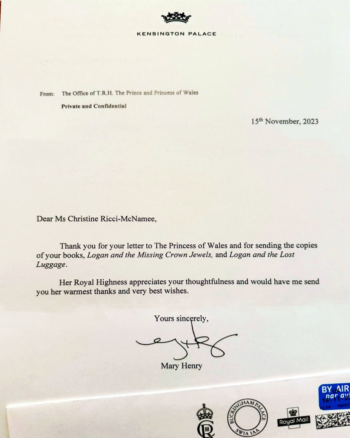 Princess of Wales Letter